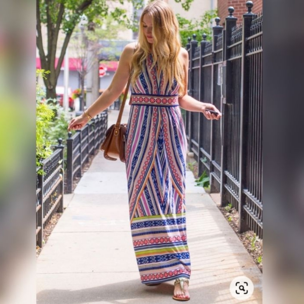 London Times Colorful Bohemian Halter Maxi Dress Size 8